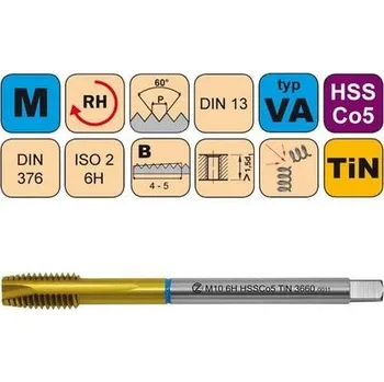 Závitořezný nástroj NÁSTROJE CZ Závitník strojní M6x0,5 ISO2 HSSE TiN DIN 374 B - 3660 - CZZ3660-M6X0,5-ISO2