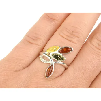 Prsten Prsten s jantarem lístky barevné Ag 925/1000