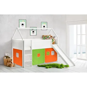 Dětská postel Svět pokojů Dětská vyvýšená postel se skluzavkou DOMEK bílá - oranžovozelená