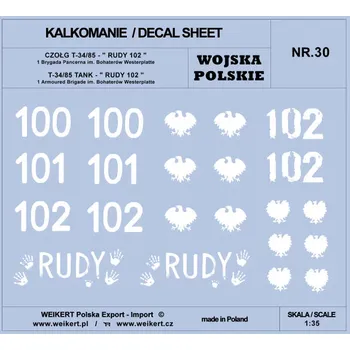 Plastikový model Weikert decals 1/35 Polish Army T-34/85 RUDY 102, 1st Arm.Brigade
