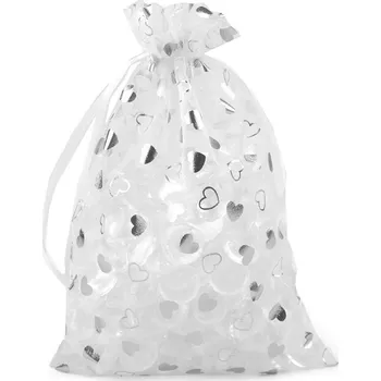Dárkový pytlík srdíčka 14x21 cm organza, barva 1 bílá stříbrná