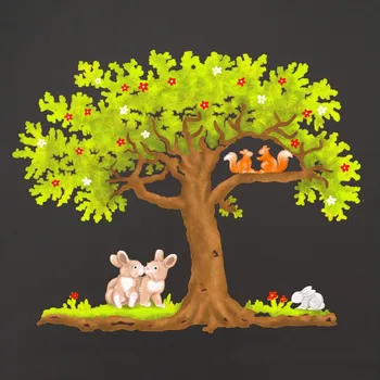 Hodiny AMADEA Dřevěná dekorace strom se zajíci, barevná dekorace k zavěšení, velikost 18 cm