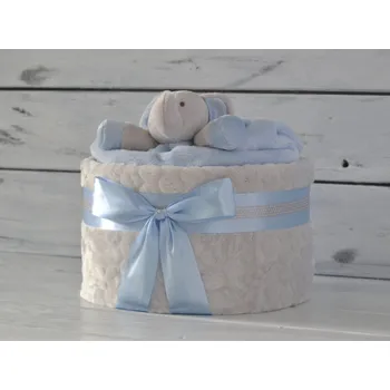 plenkový dort dortNEdort Jednopatrový plenkový dort XI. zdobený sloníkem usínáčkem Modrá mašle a náplň pro chlapečka 452_MIM27