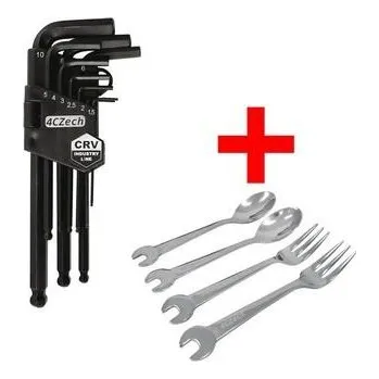 Klíč 4CZech Sada zástrčných klíčů šestihranných s kuličkou prodloužených, 9dílná (1,5/2/2,5/3/4/5/6/8/10) + Nerezový příborový set 4ks - SET-4CZ-710PK-S9-EV23