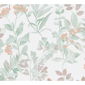 Tapeta A.S. Création | Vliesová tapeta na zeď AP Arcade 39171-5 | 0,53 x 10,05 m | zelená, bílá, meruňková + Zelená, bílá, meruňková vliesová tapeta na stěnu 391715 v rozměru 0,53 x 10,05 m