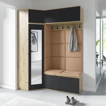 Předsíňová stěna Rohová předsíňová stěna Emi 38 - dub/černá Barva panelů: Béžová - Trinity 04