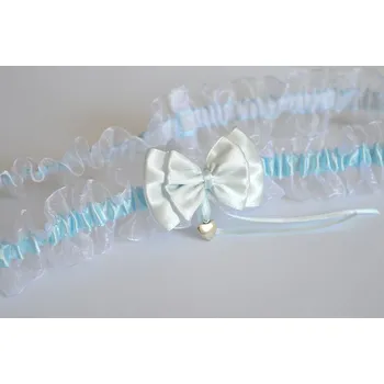 Podvazkový pás Šatoli.cz Bílo-modrý XXL podvazek s mašlí a srdíčkem