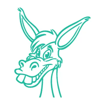 Samolepící dekorace Osel 007 levá rozesmátý (25 - tyrkysová) SAMOLEPKA NA AUTO, NÁLEPKA, FÓLIE, POLEP, TUNING, VLASTNÍ TEXT, TISK, AUTOSAMOLEPKY.cz, POLEPY, OBRÁZEK, LOGO, 3D STICKERS