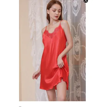 Dámské noční prádlo Dámská saténová noční košilka s krajkou Barva: Červená, Velikost: XXL