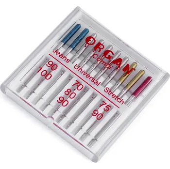 Příslušenství k šicímu stroji Strojové jehly sdružené Jeans 90;100, Universal 70;80;90, Stretch 75;90 Organ, barva nikl