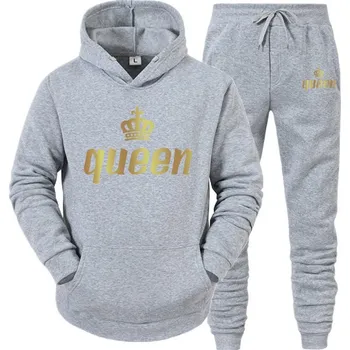 Dámská párová tepláková souprava s potiskem Queen Barevná varianta: Šedá mikina - šedé kalhoty, Velikost: XXL