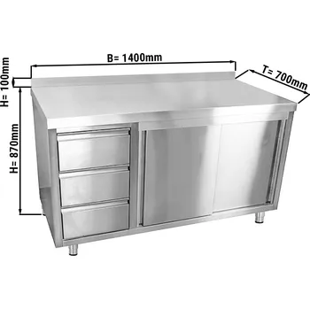 Kuchyňská skříňka G.Gastro Pracovní skříňka ECO z nerezové oceli - 1,4 m - se 3 šuplíky vlevo & obkladovým panelem