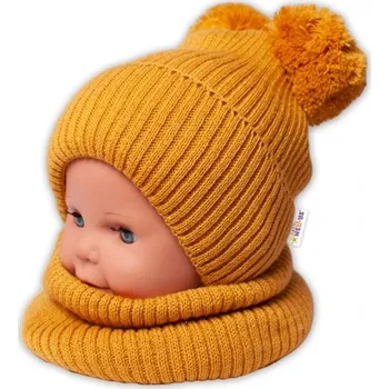 Módní doplněk Zimní pletená čepice + nákrčník - hořčicová s bambulkami, Velikost koj. oblečení 92-98 (18-36m)