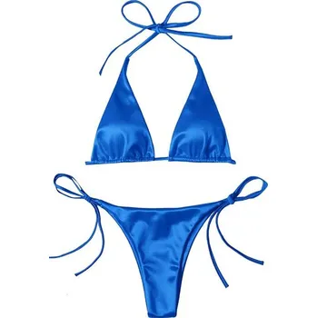 Dámské plavky Dámské plavky dvojdílné saténové "T-string" Barva: modrá, Velikost: L