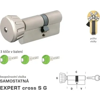 Vložka do dveří DK - EXPERT cross S G - s knoflíkem D 25 + V 35 mm, knoflík na kratší straně NP - Nikl perla