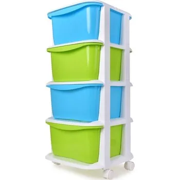 Úložný box QUATRO čtyřpatrový regál, se 4 boxy a kolečky, modro-zelený