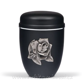 Smuteční dekorace Ocelová urna se stříbrným motivem růže