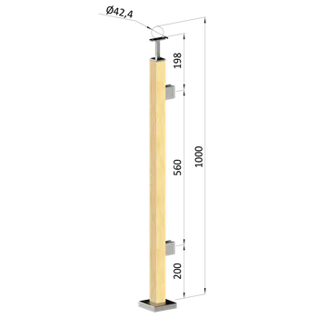 Zábradlí KOVIAN, s.r.o. dřevěný sloup, vrchní kotvení, výplň: sklo, pravý, vrch pevný (40x40mm), materiál: buk, broušený povrch bez nátěru