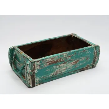 Starý truhlík z teakového dřeva s tyrkysovou patinou - malý
