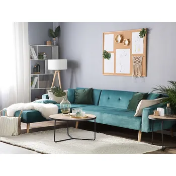 Pohovka Rohová pohovka zelený samet ve tvaru L pravostranná, funkce spaní, moderní obývací pokoj Beliani