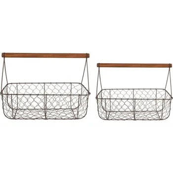 Hnědé antik drátěné košíky s dřevěnou rukojetí – 36x17x12/27 / 32x15x10/22 cm