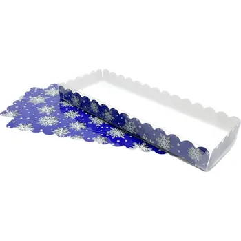 Dárková krabička Vánoční krabička s průhledným víkem modrá s bílou vločkou 25x10x2,5 cm