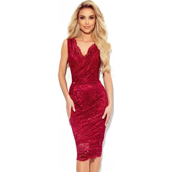 Dámské oblečení Dámské krajkové midi šaty v bordó barvě s přeloženým obálkovým výstřihem 383-2 XL