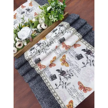 ubrus Běhoun - motýli na vanilkové v kombinaci s černou