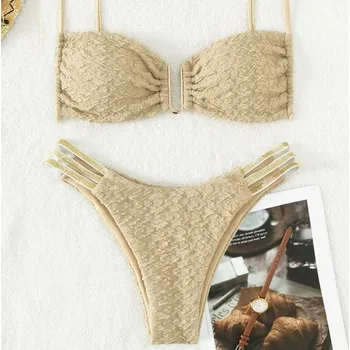 Dámské plavky Dámské plavky dvojdílné - bikiny s kovovou sponou mezi košíčky Barva: Khaki, Velikost: S