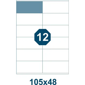 Samolepící etiketa Samolepicí etikety, délka 105 mm, šířka 48 mm, 12 ks na archu A4, 100 listů/bal.