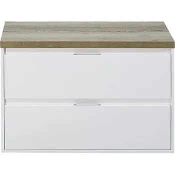 Koupelnový nábytek Koupelnová skříňka pod umyvadlo Porto 90 cm s umyvadlovou deskou bílá vysoce lesklá / dub přírodní