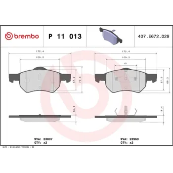 Brzdová destička Sada brzdových destiček, kotoučová brzda BREMBO P 11 013