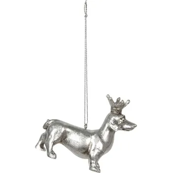 Vánoční ozdoba Stříbrná závěsná dekorativní ozdoba jezevčíka s korunkou – 8x3x6 cm