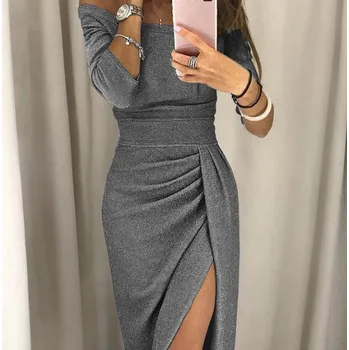 Dámské šaty Čína Elegantní třpytivé šaty s lodičkovým výstřihem Barva: šedá 2, Velikost: S