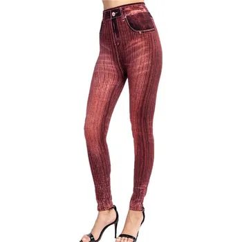 Dámské kalhoty Dámské legíny s džínovým motivem a jemnými proužky Barva: červená (PD388 Red), Velikost: XL