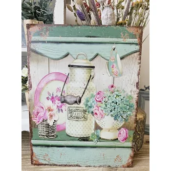 Plechová cedule Zelená nástěnná kovová cedule s květy a bandaskou Paris - 25*33 cm