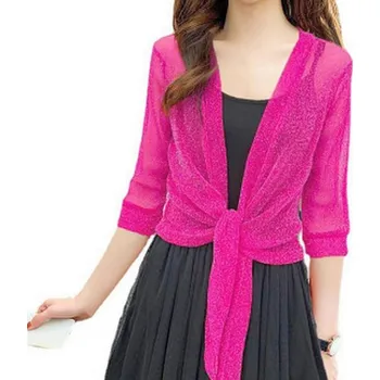 Dámský svetr Dámské elegantní bolerko/kardigan na zavazování s polovičním rukávem Barva: růžovo červená, Velikost: XXL (70-80 kg)