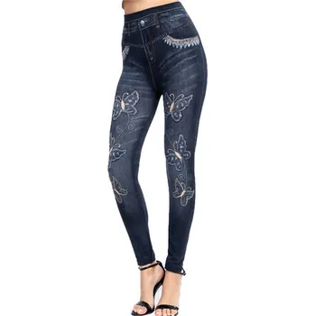 Dámské kalhoty Dámské legíny s džínovým motivem a potiskem motýlků Barva: černá (PD386 Black), Velikost: XL