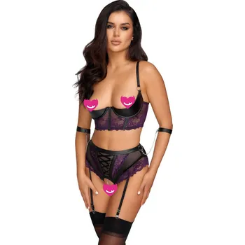 Dámské erotické prádlo Cottelli Bondage Elegant Floral Quarter Cup Bra Set 2221322 Purple Velikost 75B/S