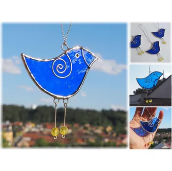 Party dekorace Vitráže MONA - Ptáček tmavě modrý