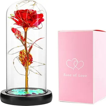 Umělá květina Věčná růže ve skle s LED 20,5 x 11 cm