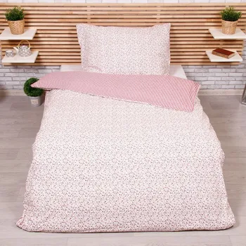 Povlečení Stanex LS195 krepové kvítek/pruh červené 140 x 200, 70 x 90 knoflíky