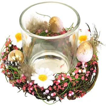 Velikonoční dekorace Svícínek se zdobeným věnečkem, oranžový, Ø12 cm