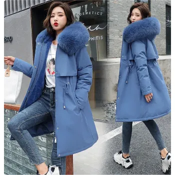 Dámský zimní kabát s velkým kožešinovým límcem a vlněnou podšívkou vel. až 6XL Barva: modrá, Velikost: 6XL