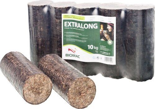 Dřevěné brikety BIOMAC Extralong noční válcové balení 10 kg