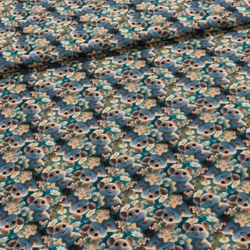 Bavlněný úplet dětský 6-13623 DIGITÁLNÍ TISK myšky v květinách, petrolejová, š.150cm (látka v metráži)