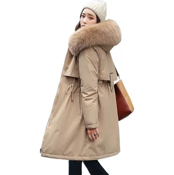 Dámský kabát Dámský zimní kabát s kožešinovým lemem na kapuci a hřejivou podšívkou Barva: Khaki, Velikost: XL