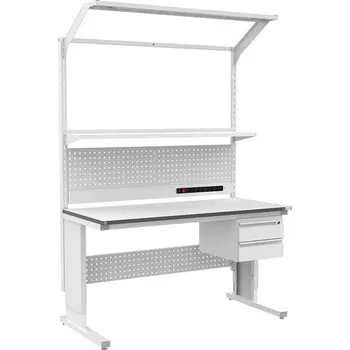 Dílenský stůl ESD pracovní stůl ALFA PLUS se zásuvkami, nástavbou a osvětlením, 1500 x 900 mm