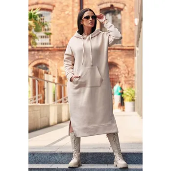 Dámské šaty Fashionweek Dámské šaty mikinové dlouhé zateplené šaty s kapucí 9623 Barva: Béžové, Velikost: Universal
