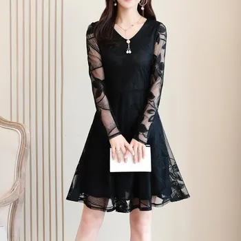 Dámské šaty Čína Elegantní společenské šaty s dlouhým rukávem, s dvojvrstvým efektem a vyšívanými květy Barva: černá (Long Sleeve-Black-A), Velikost: 5XL